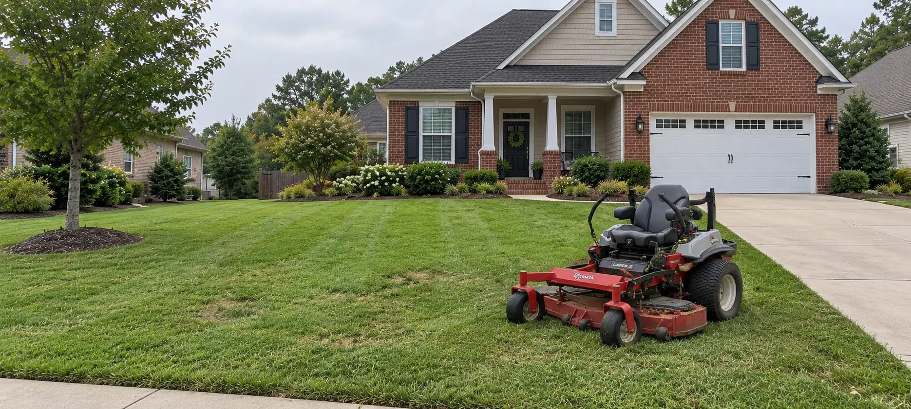 Zero-turn mower on a freshly striped front lawn of a brick home