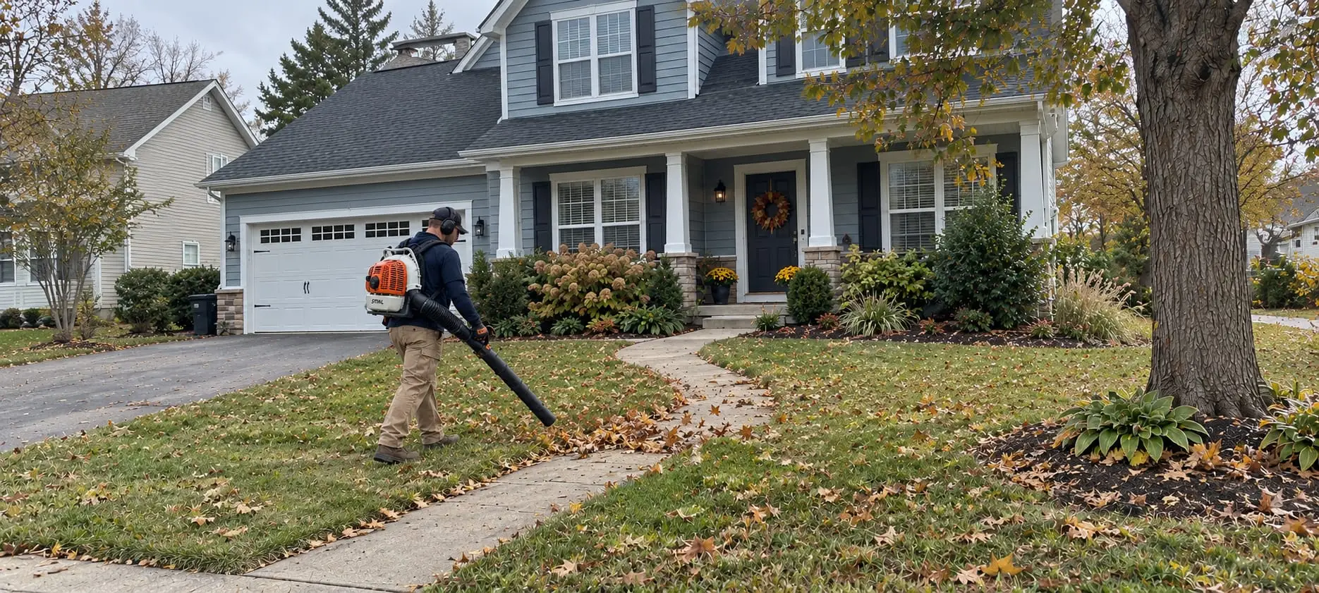 Crew member blowing fall leaves off a front lawn and walkway