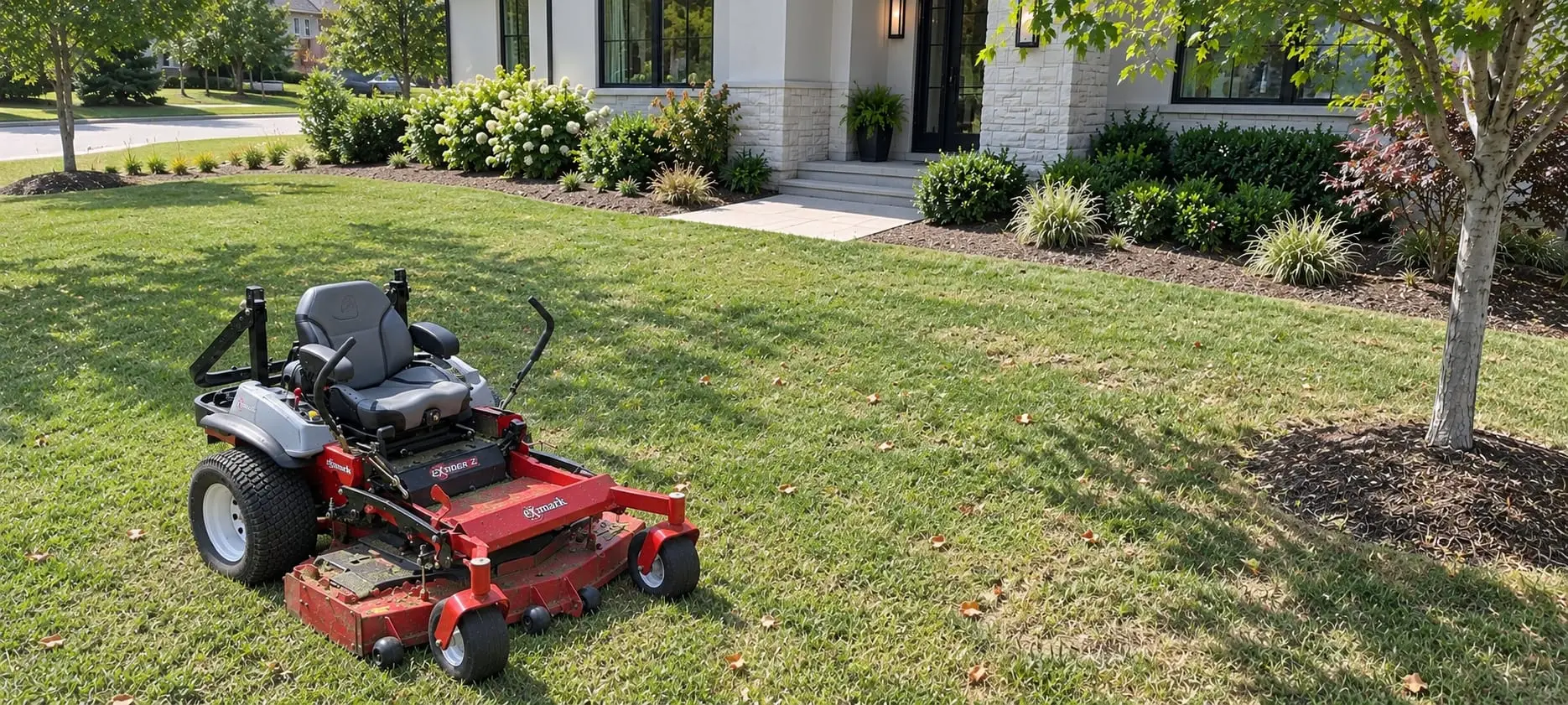 Zero-turn mower on a front lawn by a stone house