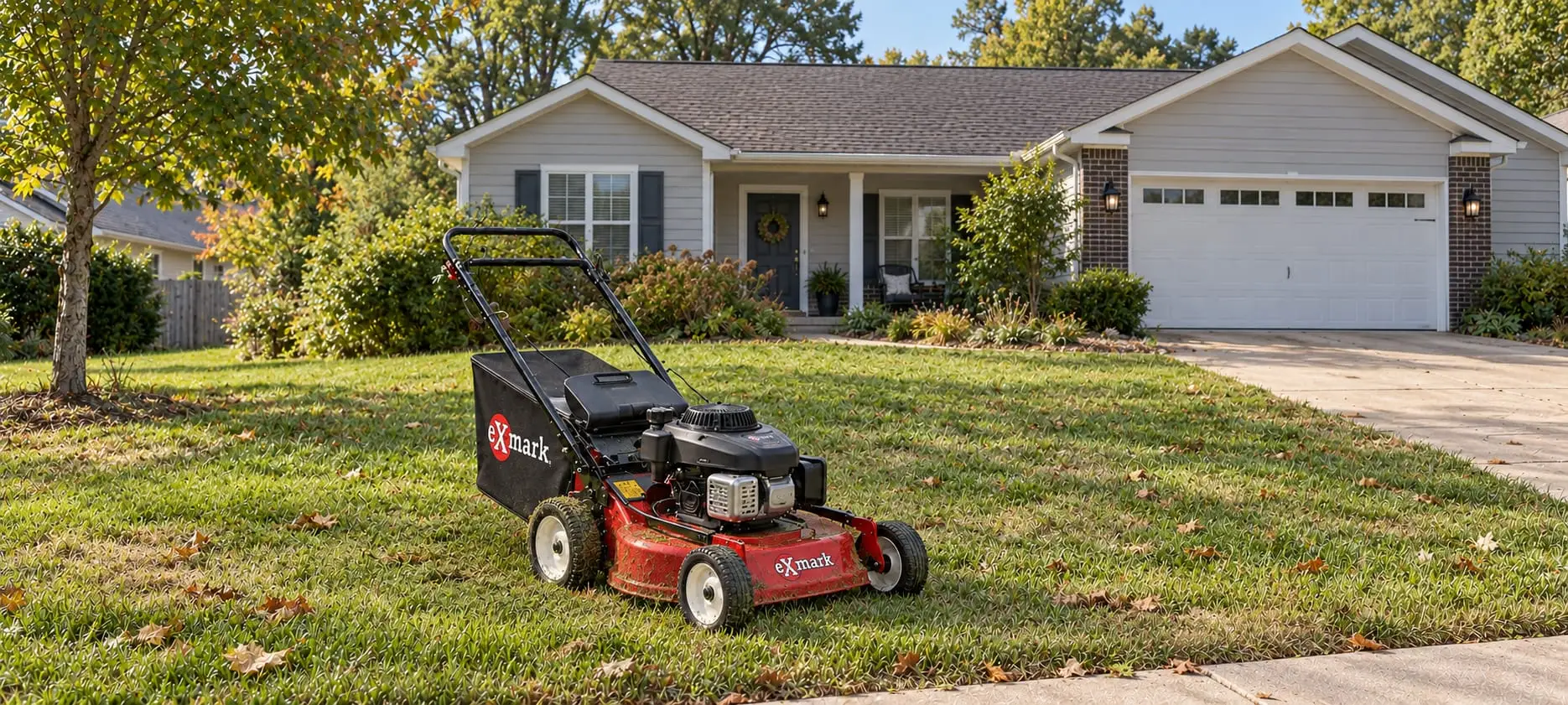 Push mower on a neatly kept front lawn of a Birmingham-area home